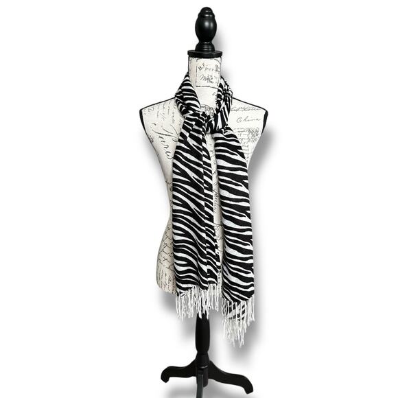 Pashmina Scarf Shawl Wrap White Black Zebra Animal Stripe Fringe 28" x 60" - Picture 1 of 4